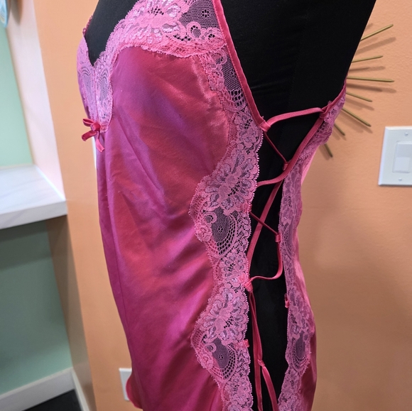 Vintage Y2K Pink Slip Dress Pink Lace Trim Chemise Satin Feminine Baddie 2000s - Picture 8 of 15